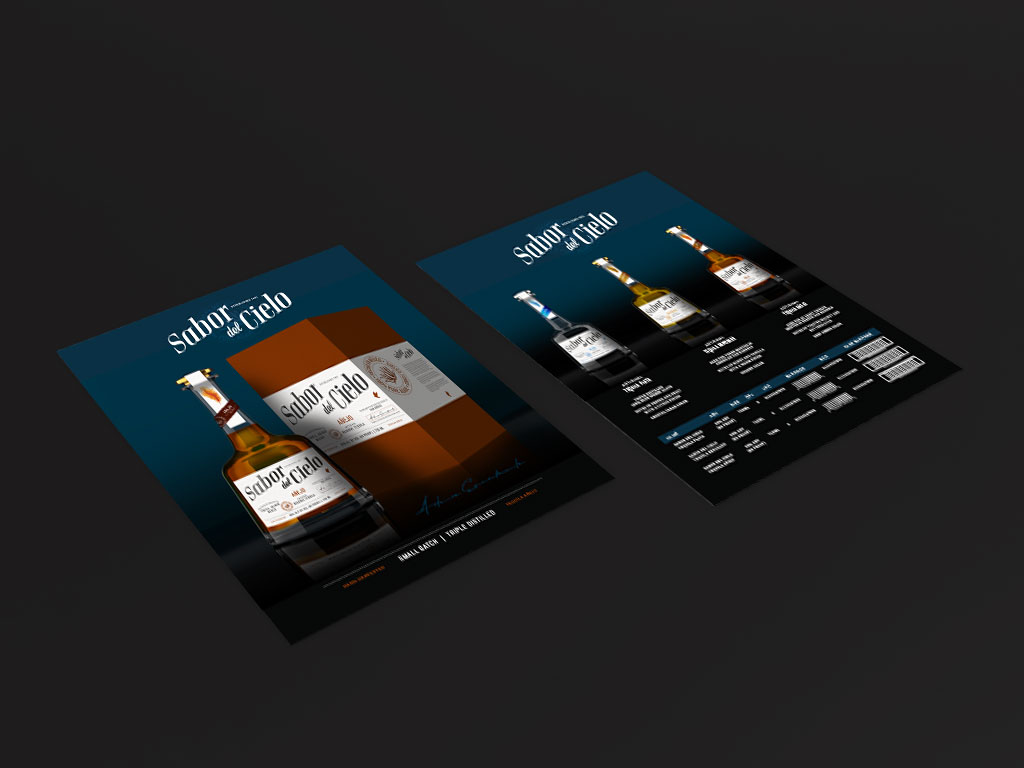 Sales sheets for Sabor del Cielo, front and back shown at an angle.