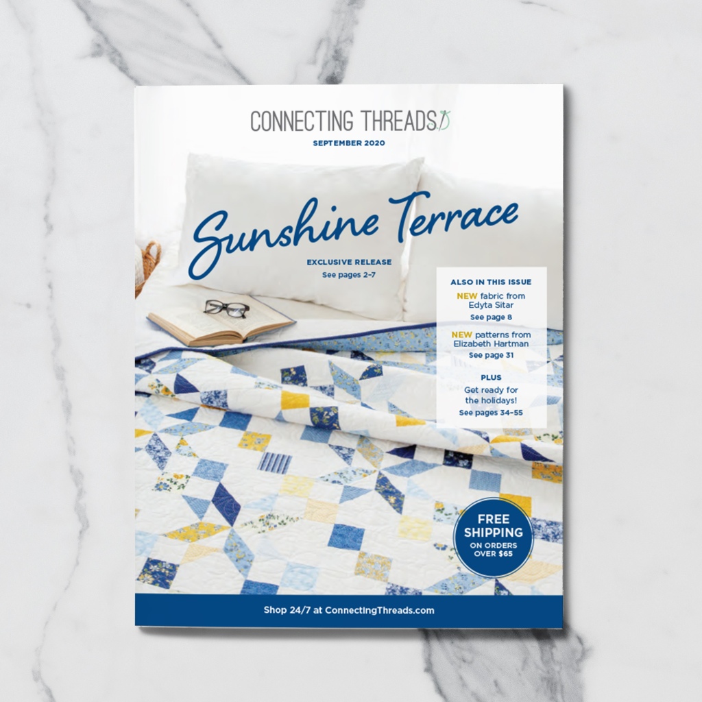 The cover for Connecting Threads' september issue showcasing their Sunshine Terrace collection.